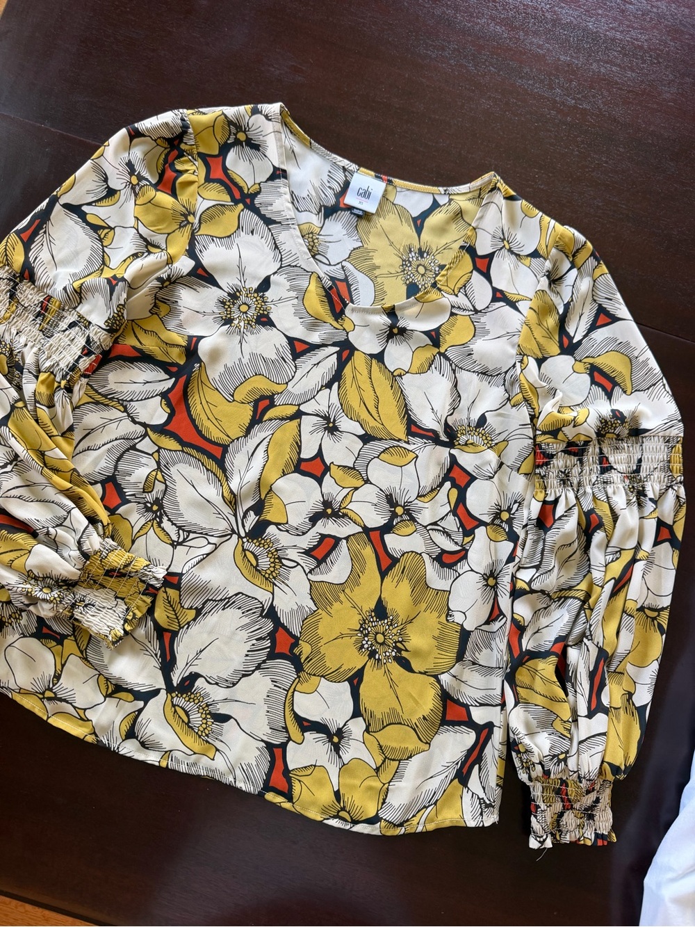 CAbi Yellow & White Floral Balloon-Sleeve Top